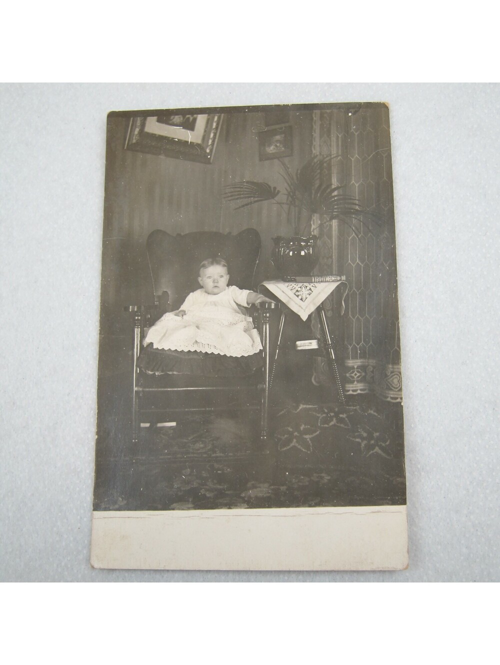 Antique c1910 RPPC Real Photo Postcard Baby in Chair Art Nouveau Home Decor